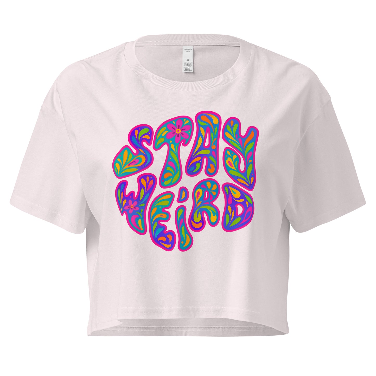 Women’s loose cotton crop top – Stay Weird graphic