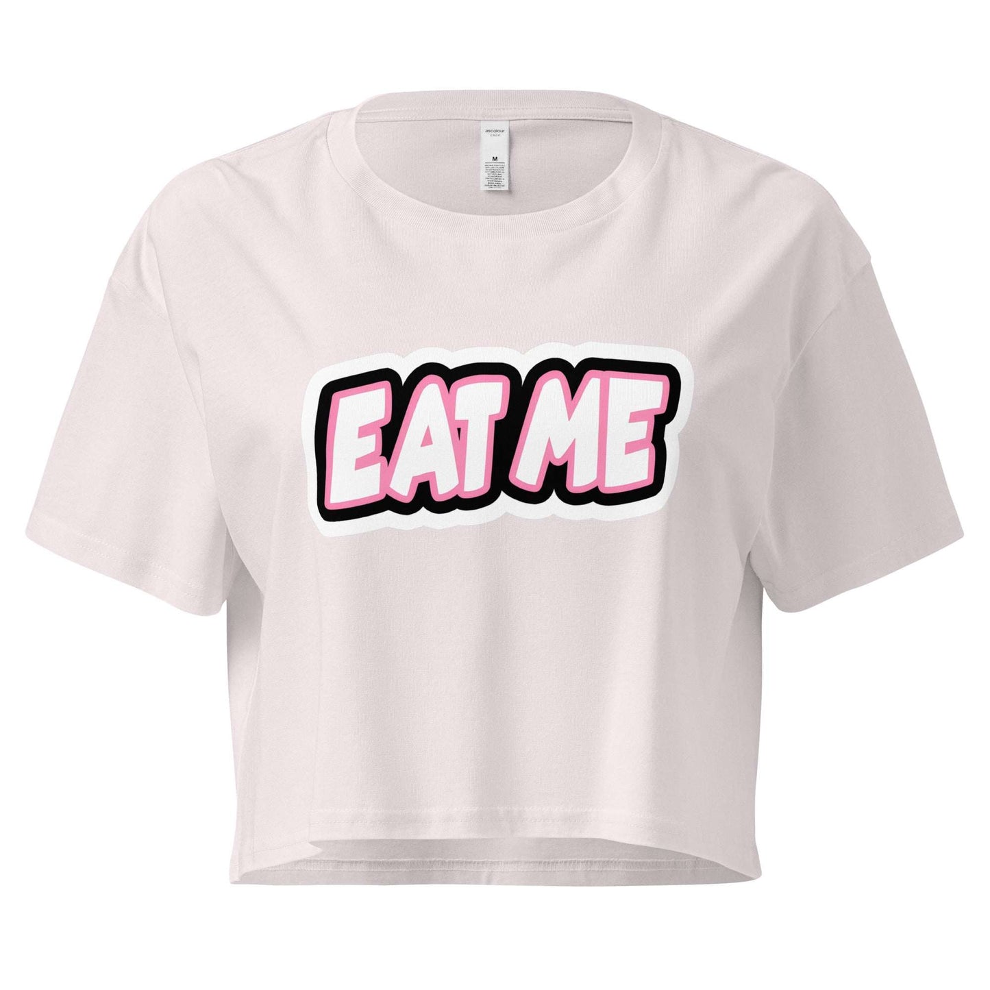 White crop top with 'EAT ME' text on a white background