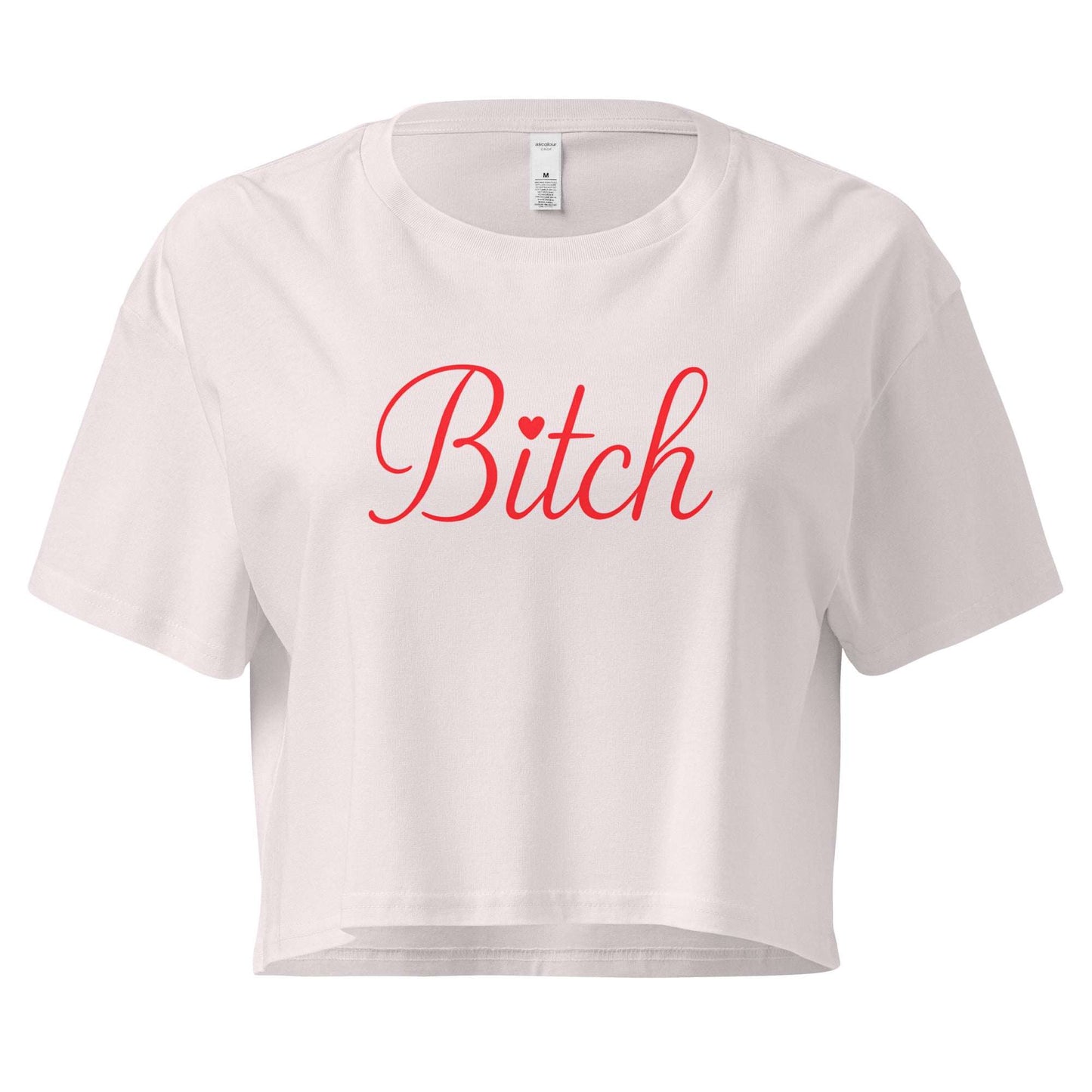 White crop top with 'Bitch' printed in red on a white background