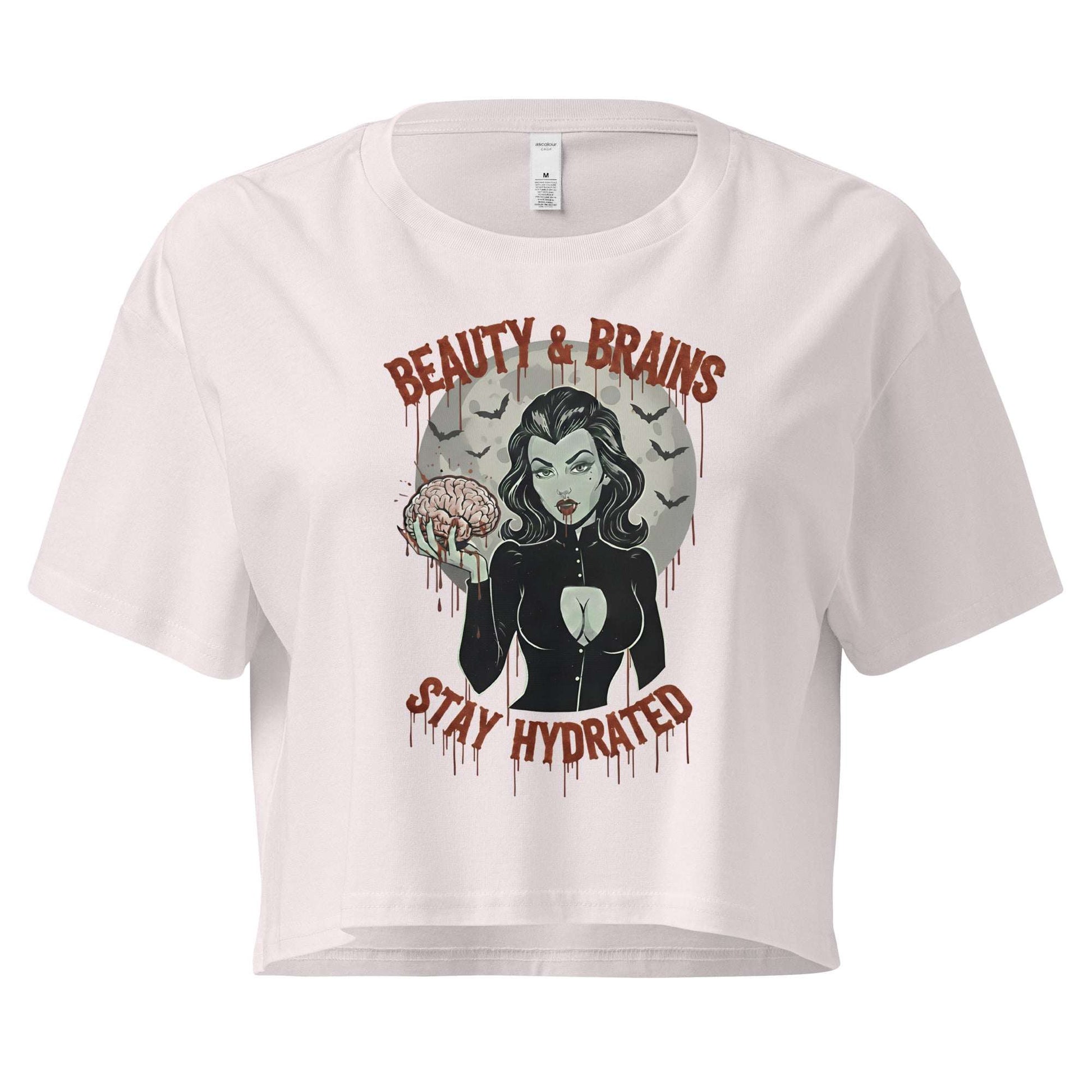 White t-shirt with graphic design featuring a woman, roses, and text on a white background