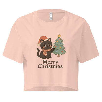 Peach Christmas crop top with cute festive cat design