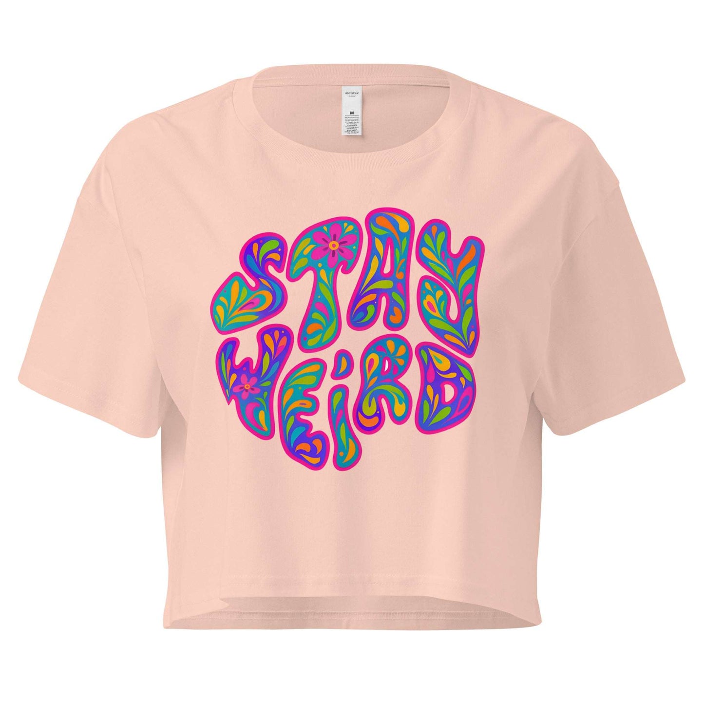 Pink crop top with 'Stay Weird' graphic design on a white background