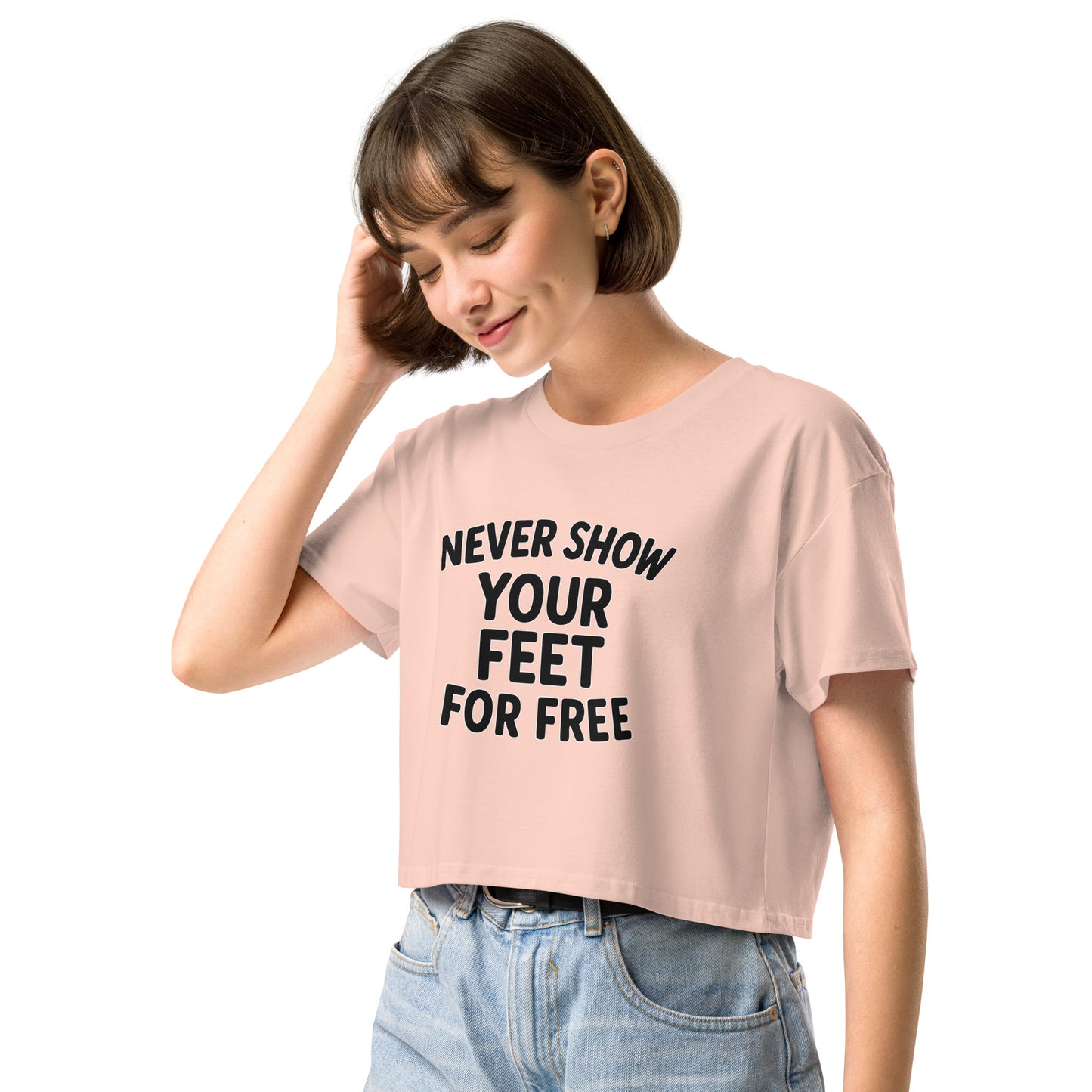 Woman wearing a light pink t-shirt with a colorful butterfly design on a white background