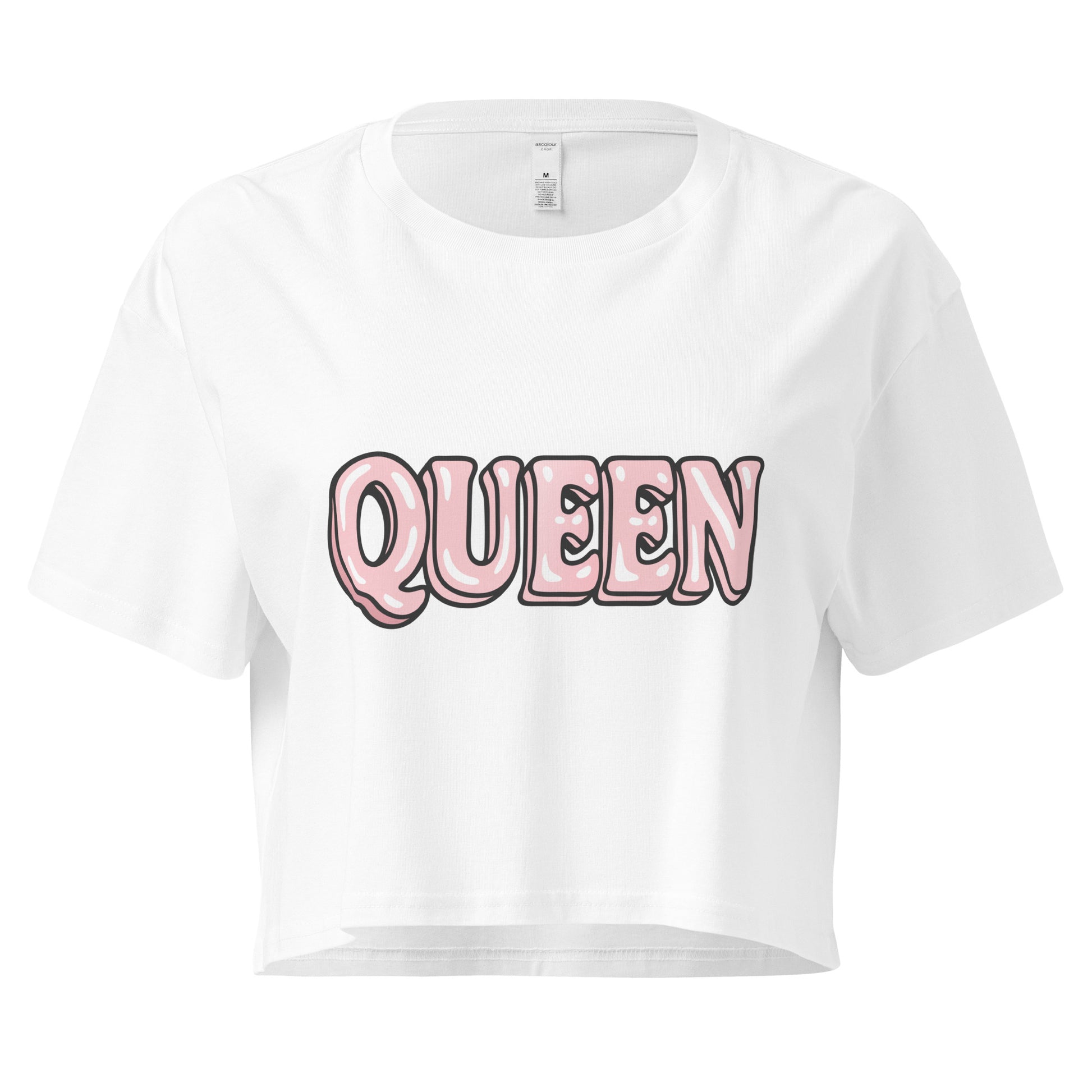White crop top with 'QUEEN' printed in pink on a white background