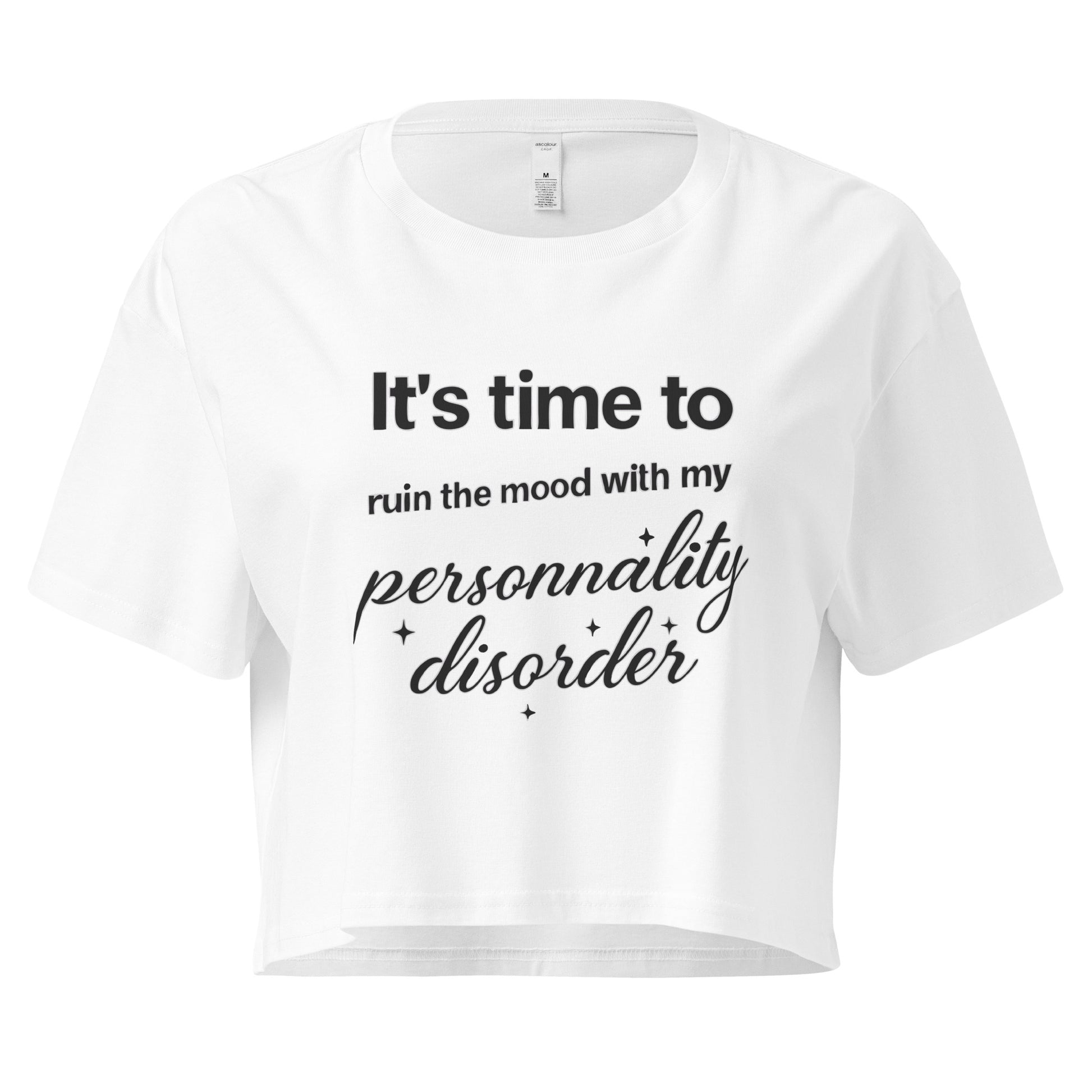 White t-shirt with black text on a white background