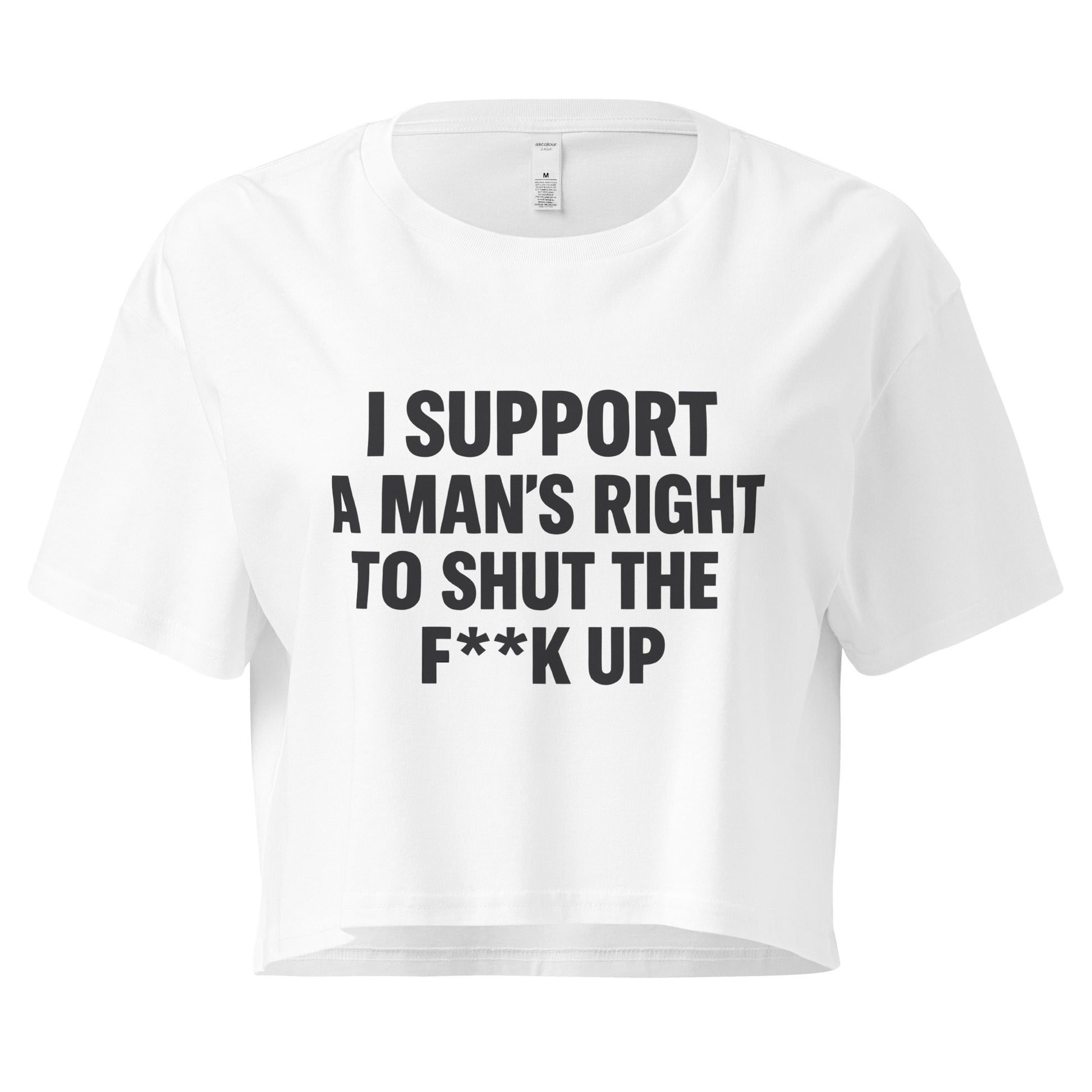White crop top with black text on a white background