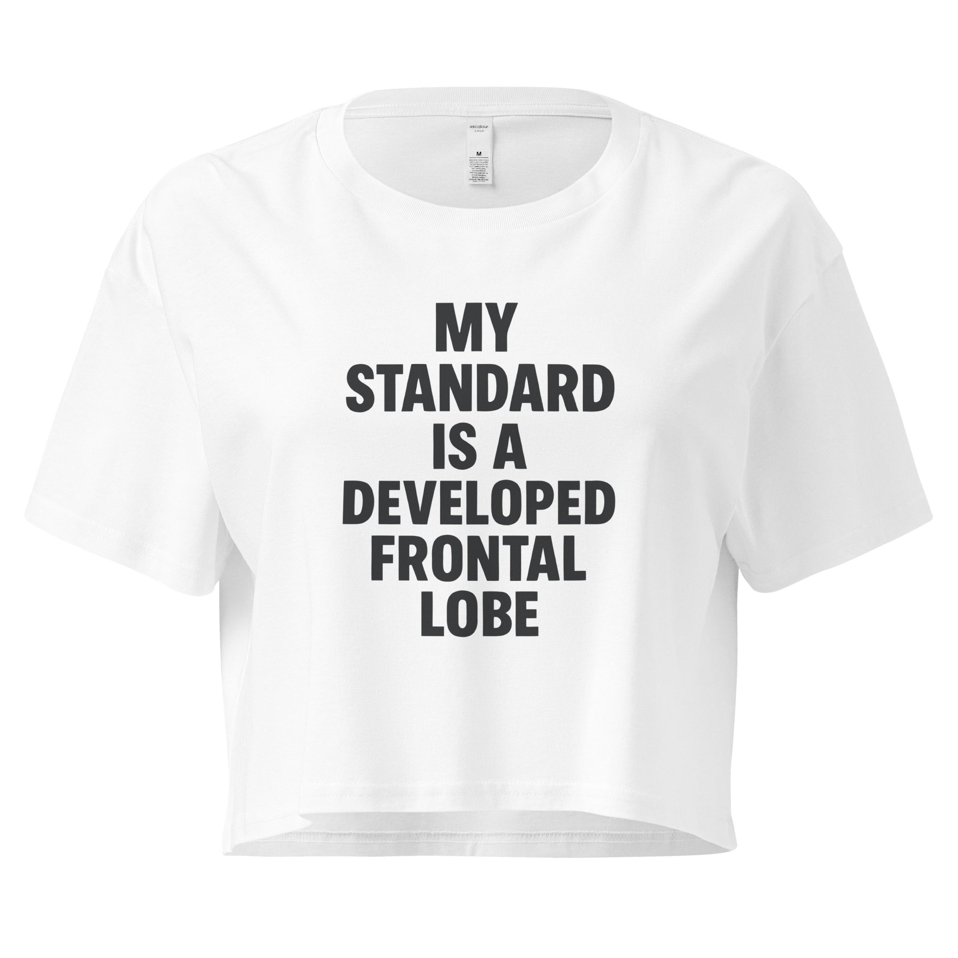 White t-shirt with black text on a white background