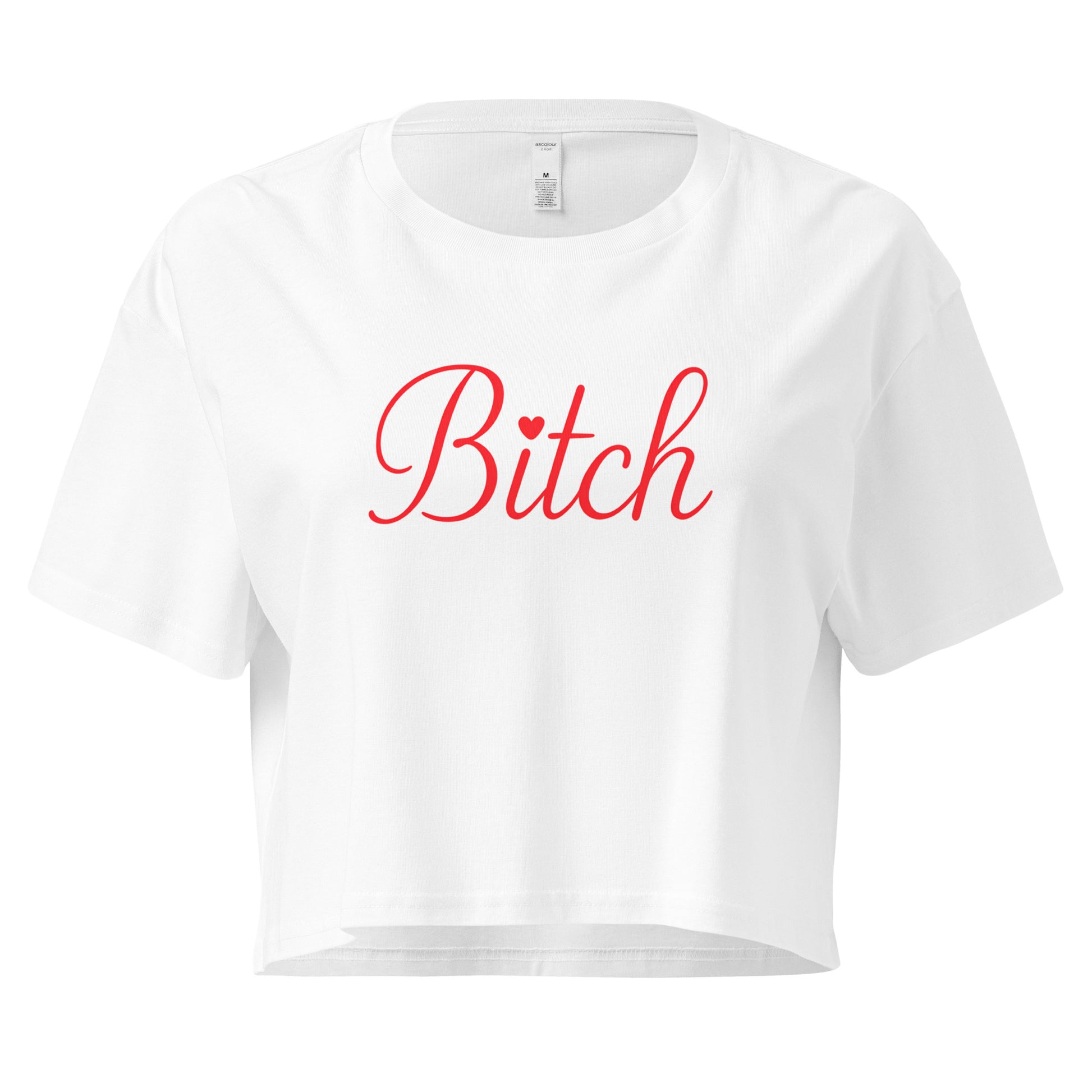 White crop top with 'Bitch' printed in red on a white background