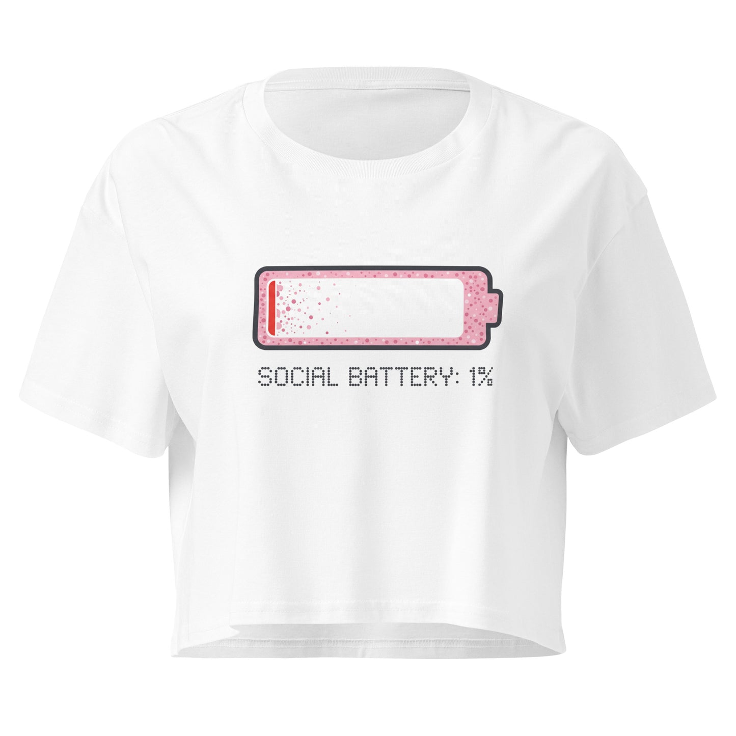 White t-shirt with a graphic of a battery and text 'SOCIAL BATTERY: 1%' on a white background