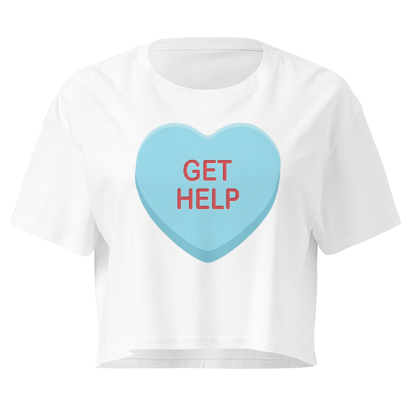 White t-shirt with a blue heart-shaped candy and 'GET HELP' text on a white background