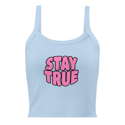 Light blue tank top with pink 'STAY TRUE' text on a white background