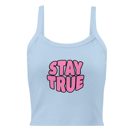 Light blue tank top with pink 'STAY TRUE' text on a white background