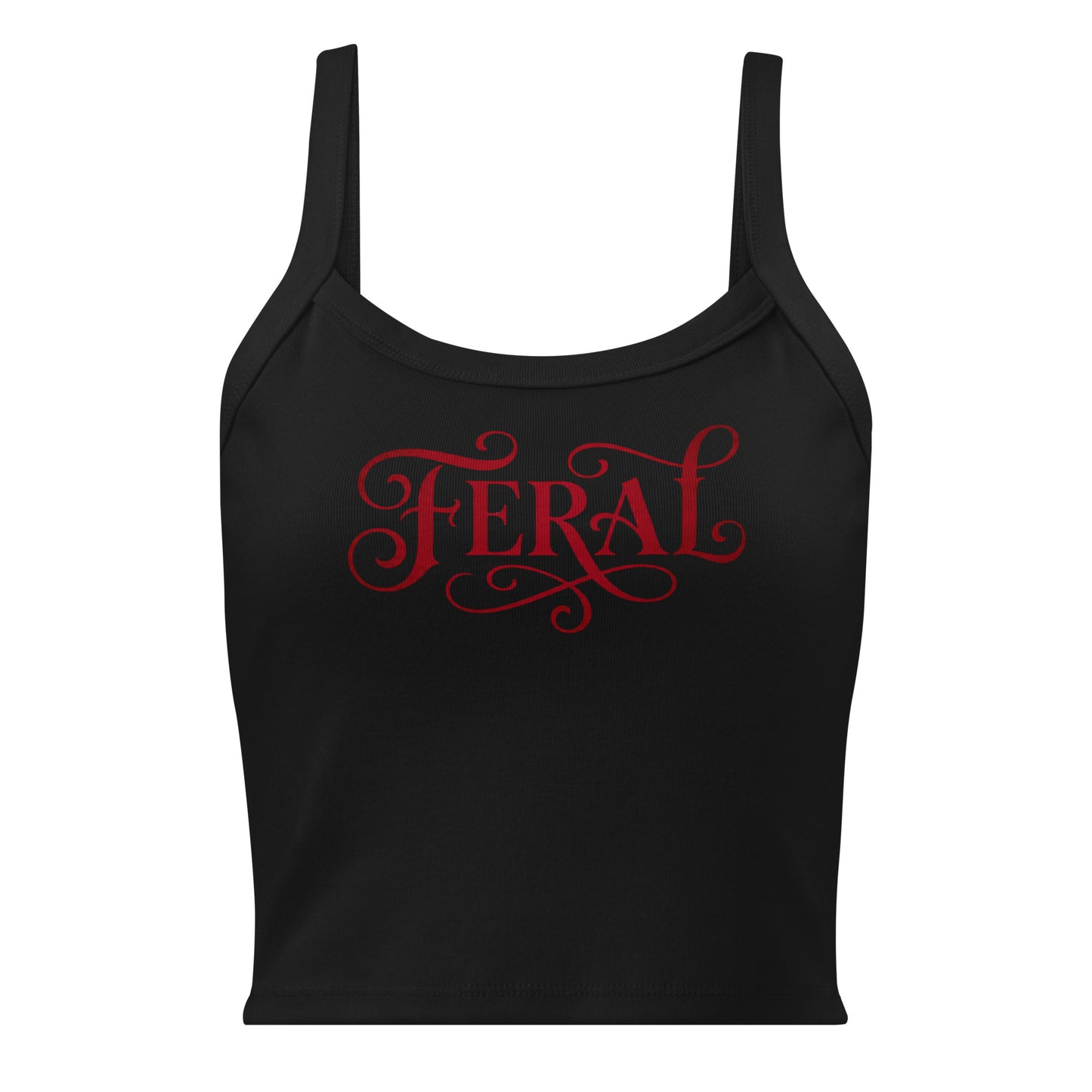 Black tank top with red 'FERAL' text on a white background