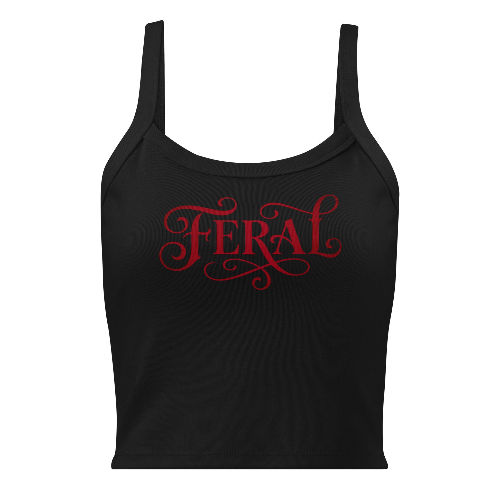 Black tank top with red 'FERAL' text on a white background