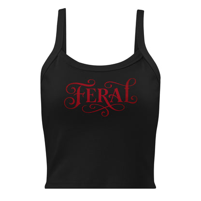 Black tank top with red 'FERAL' text on a white background