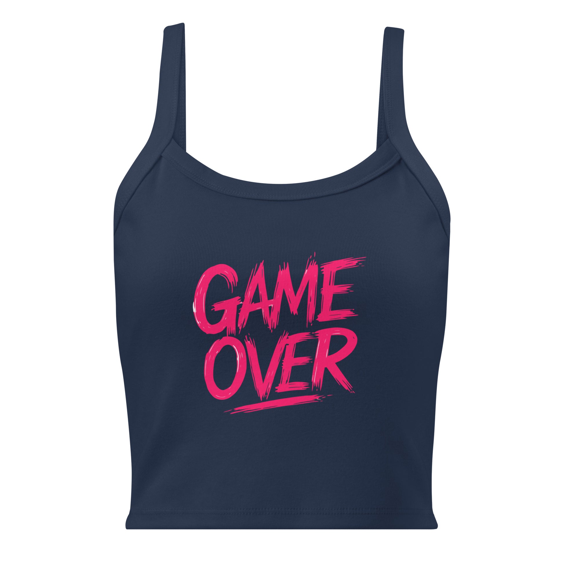Navy blue tank top with pink 'GAME OVER' text on a white background