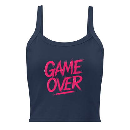 Navy blue tank top with pink 'GAME OVER' text on a white background