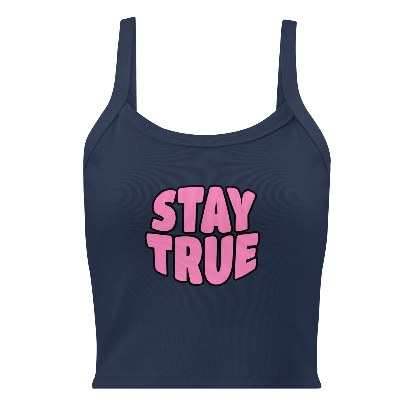 Navy blue tank top with pink 'STAY TRUE' text on a white background