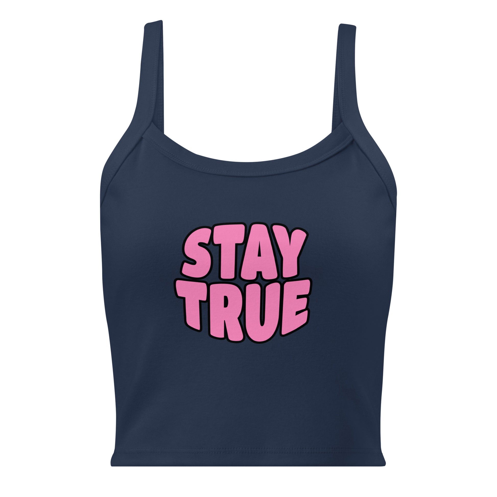 Navy blue tank top with pink 'STAY TRUE' text on a white background