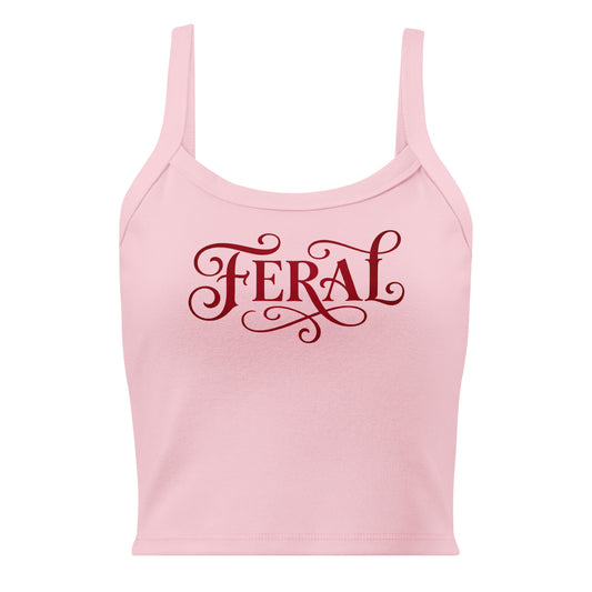 Pink tank top with 'FERAL' text on a white background
