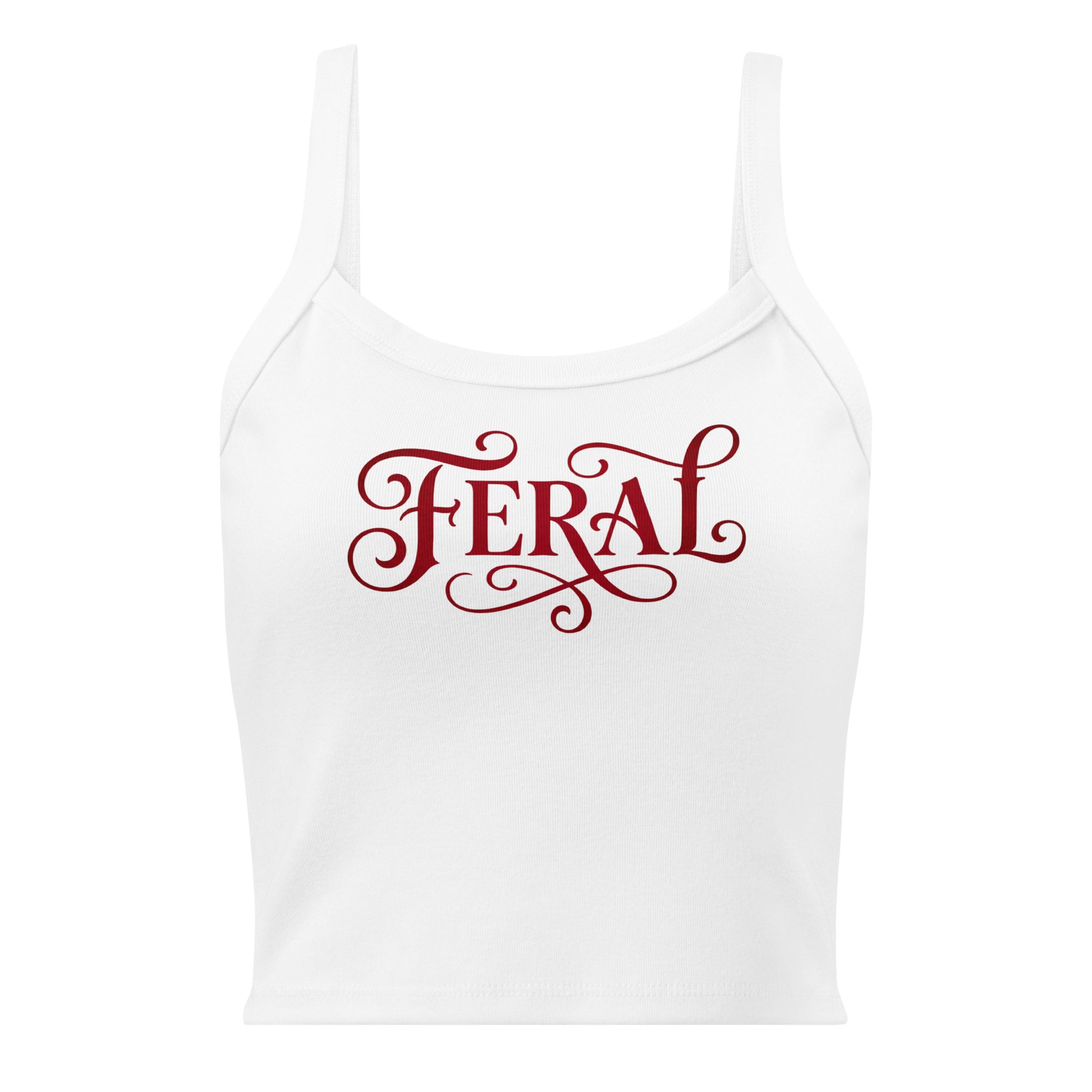 White tank top with red 'FERAL' text on a white background