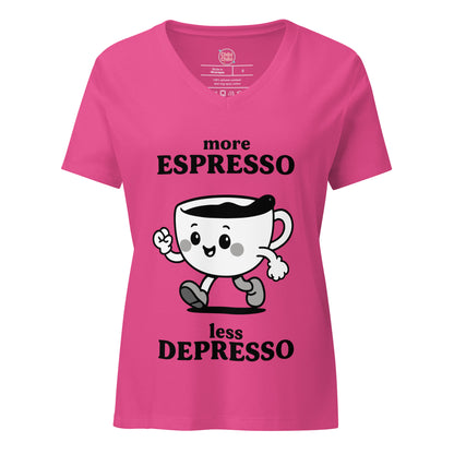 Women’s relaxed V-neck tee – More Espresso Less Depresso graphic pink