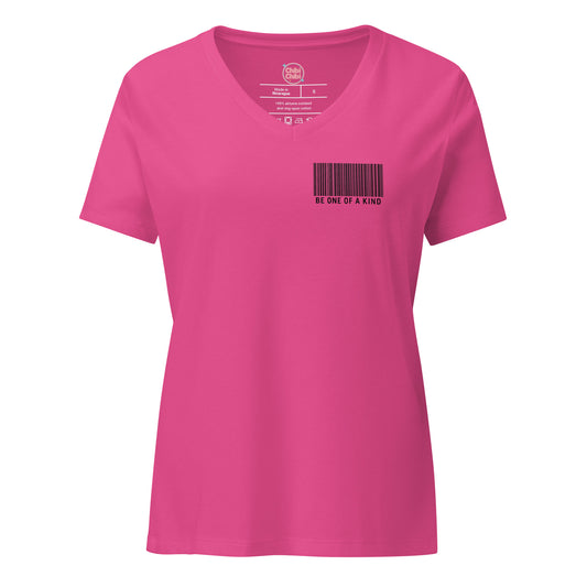 Pink “Be One of a Kind” V-neck T-shirt with minimalist barcode design in ChibiChibi style.