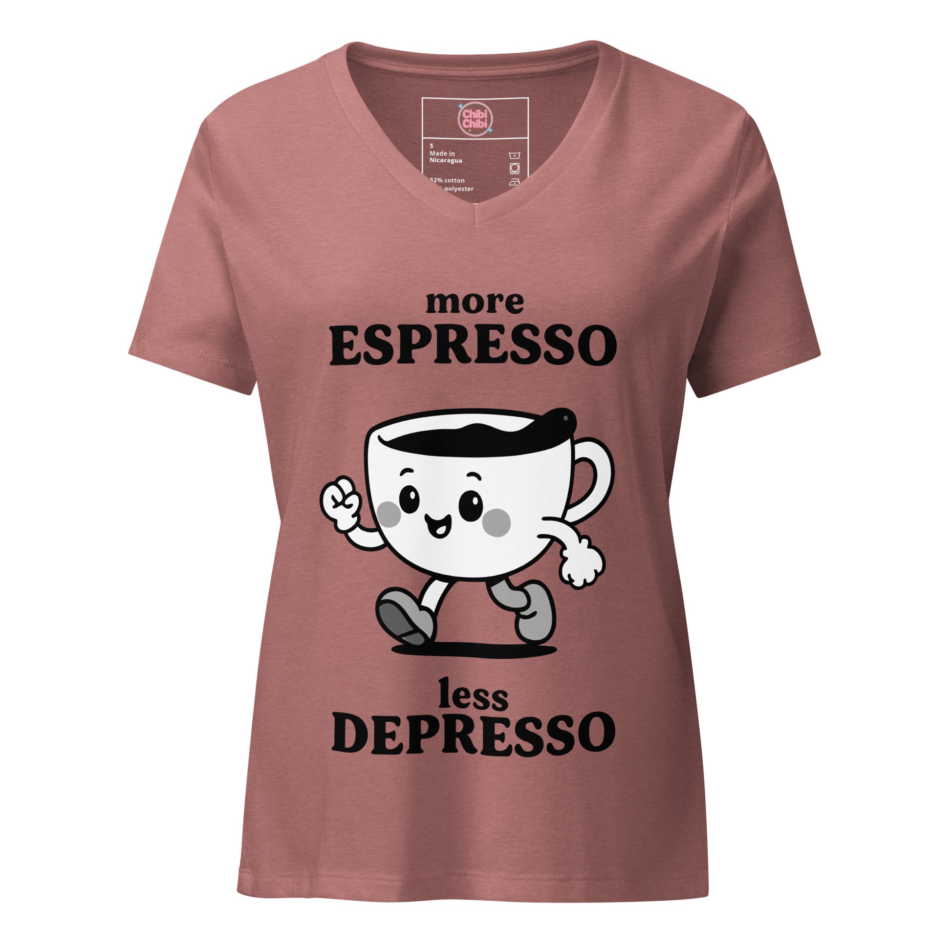 Women’s relaxed V-neck tee – More Espresso Less Depresso graphic