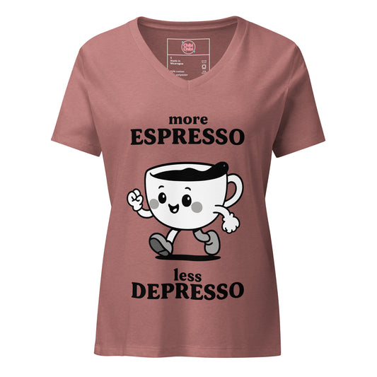 Women’s relaxed V-neck tee – More Espresso Less Depresso graphic