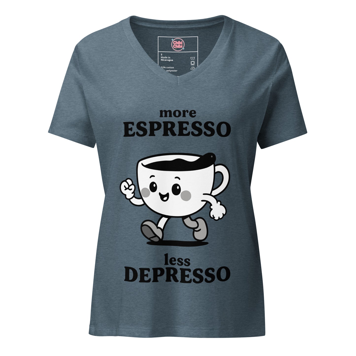 Women’s relaxed V-neck tee – More Espresso Less Depresso graphic Grey