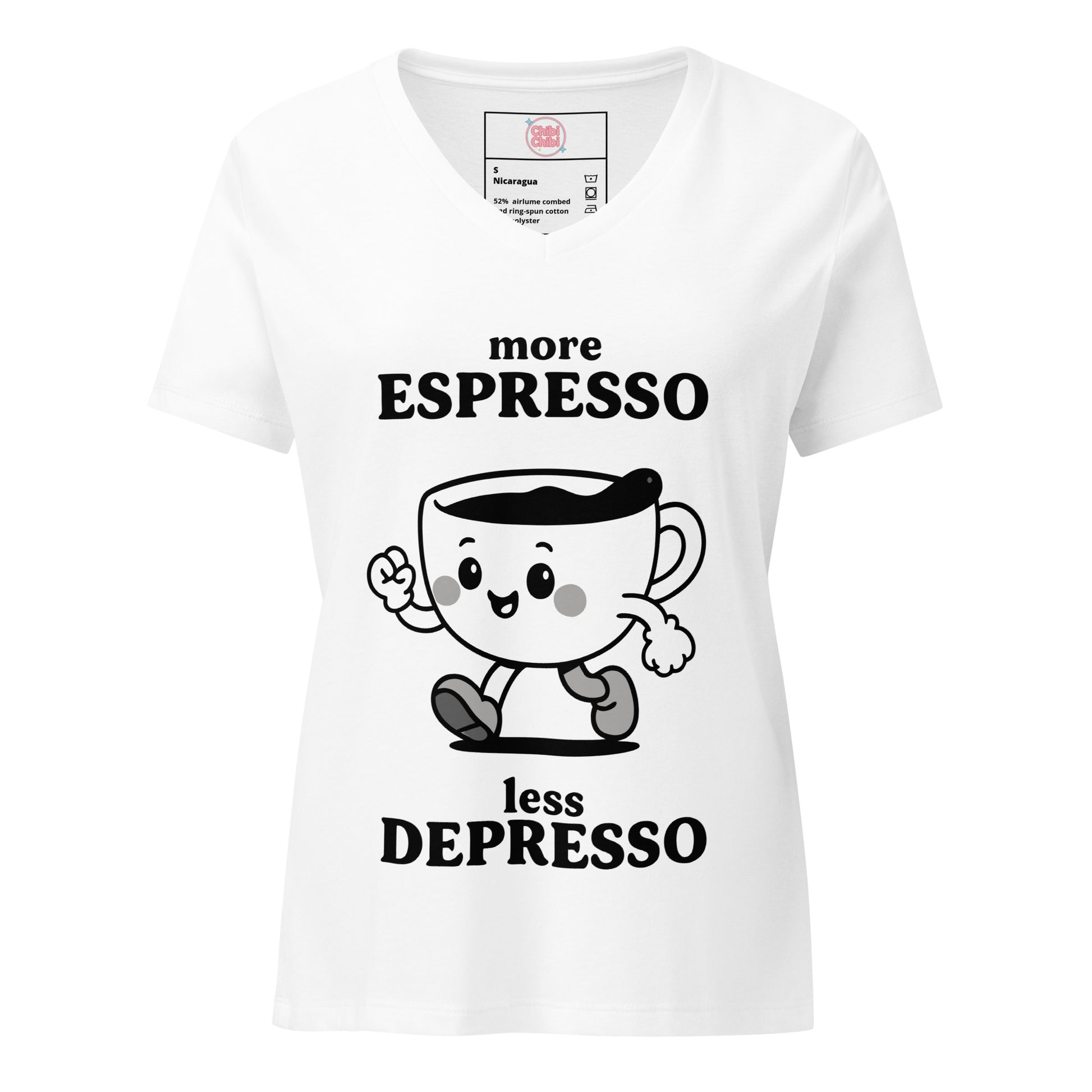 Women’s relaxed V-neck tee – More Espresso Less Depresso graphic white