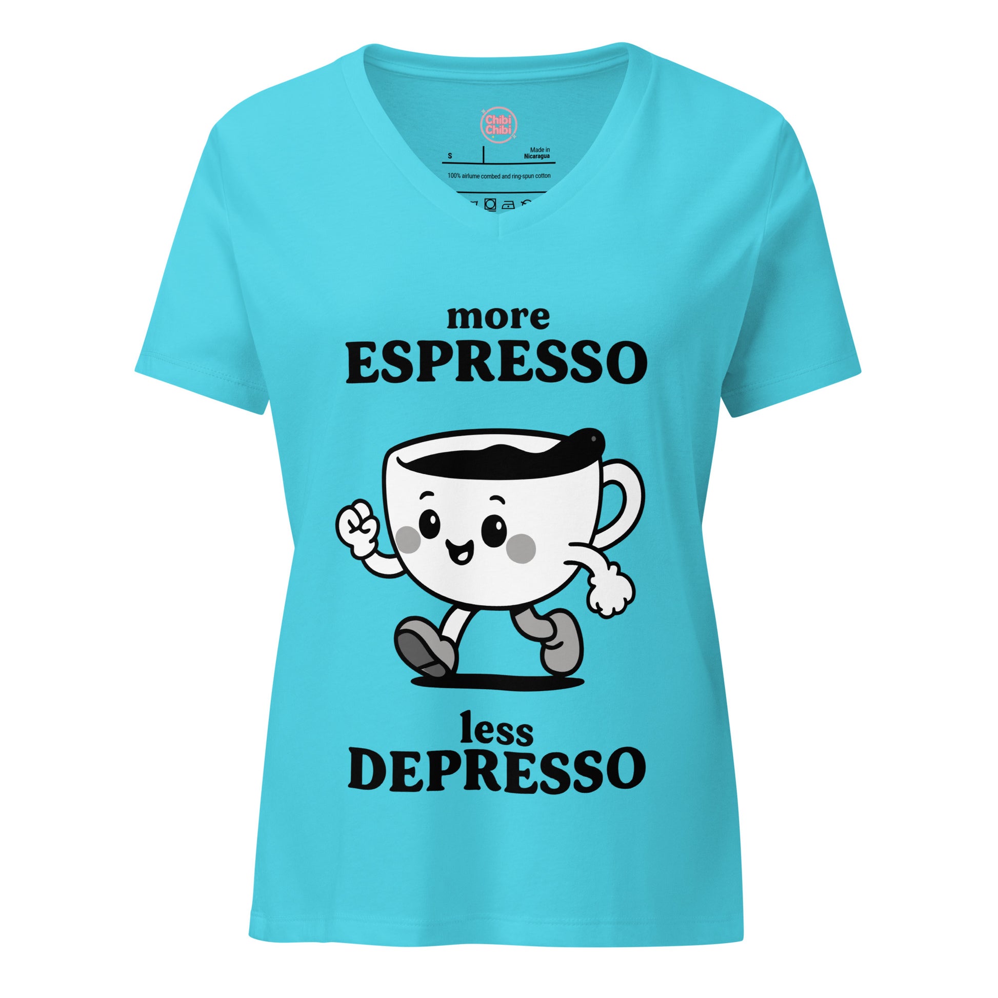Women’s relaxed V-neck tee – More Espresso Less Depresso graphic blue